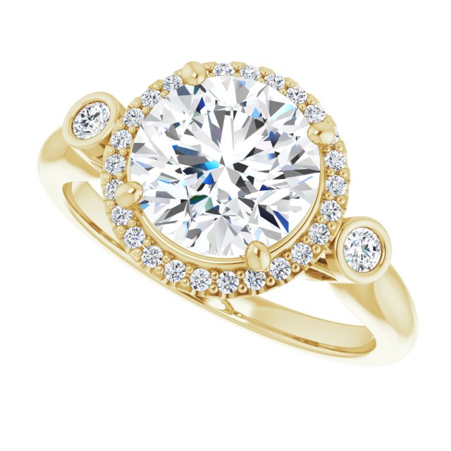Cubic Zirconia Engagement Ring- The Adoración (Customizable Round Cut Style with Halo and Twin Round Bezel Accents)