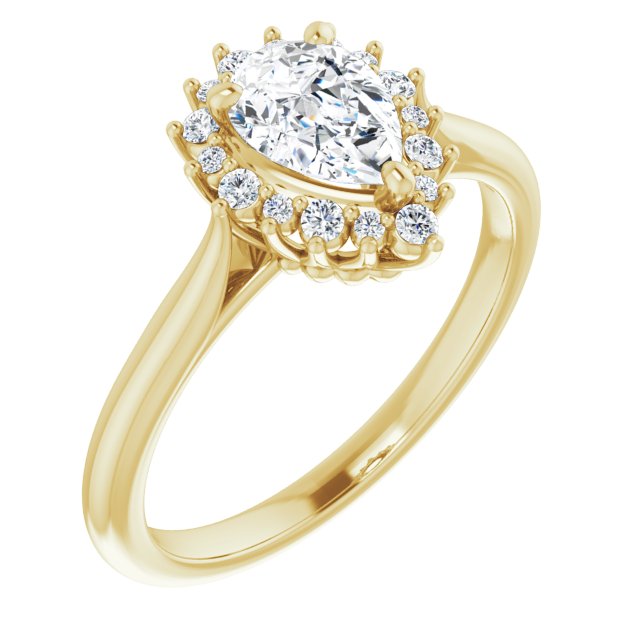 10K Yellow Gold Customizable Crown-Cathedral Pear Cut Design with Clustered Large-Accent Halo & Ultra-thin Band