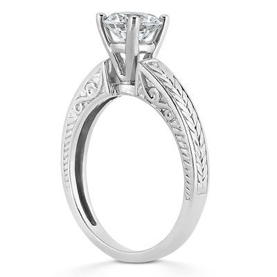 Cubic Zirconia Engagement Ring- The ________ Naming Rights 17-56 (Round Solitaire with "Tea Leaf" Hand-Engraved Band)