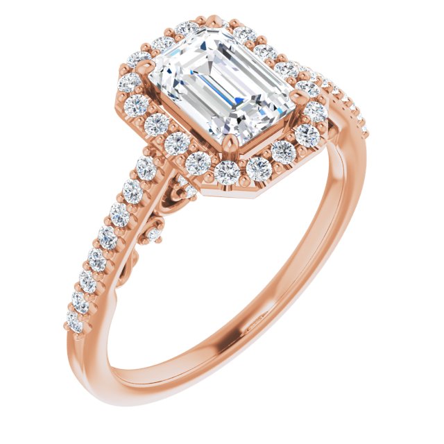 10K Rose Gold Customizable Cathedral-Halo Emerald/Radiant Cut Design with Carved Metal Accent plus Pavé Band