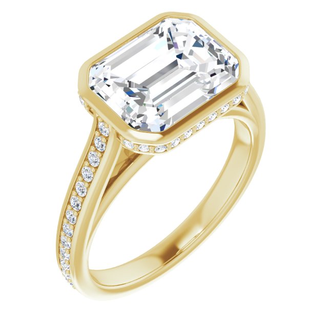 10K Yellow Gold Customizable Cathedral-Bezel Emerald/Radiant Cut Design with Under Halo and Shared Prong Band