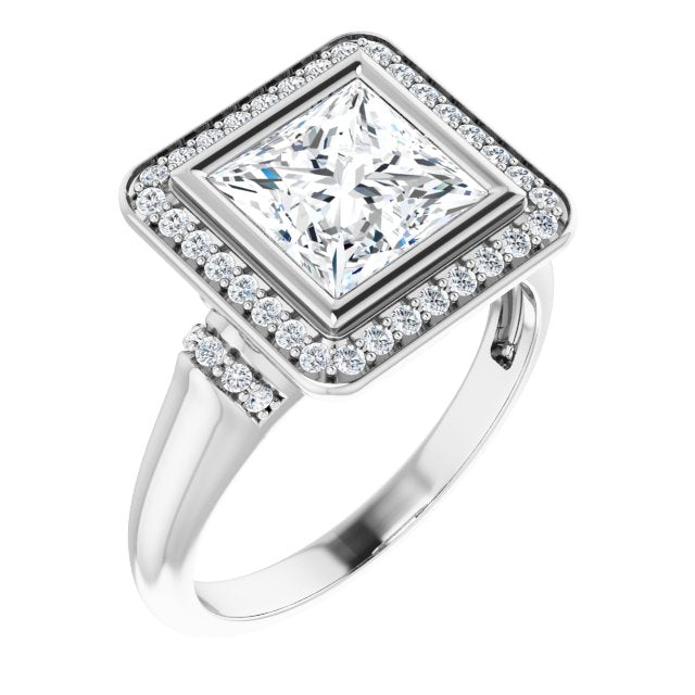 10K White Gold Customizable Bezel-set Princess/Square Cut Design with Halo and Vertical Round Channel Accents