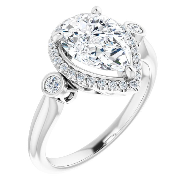 Cubic Zirconia Engagement Ring- The Adoración (Customizable Pear Cut Style with Halo and Twin Round Bezel Accents)