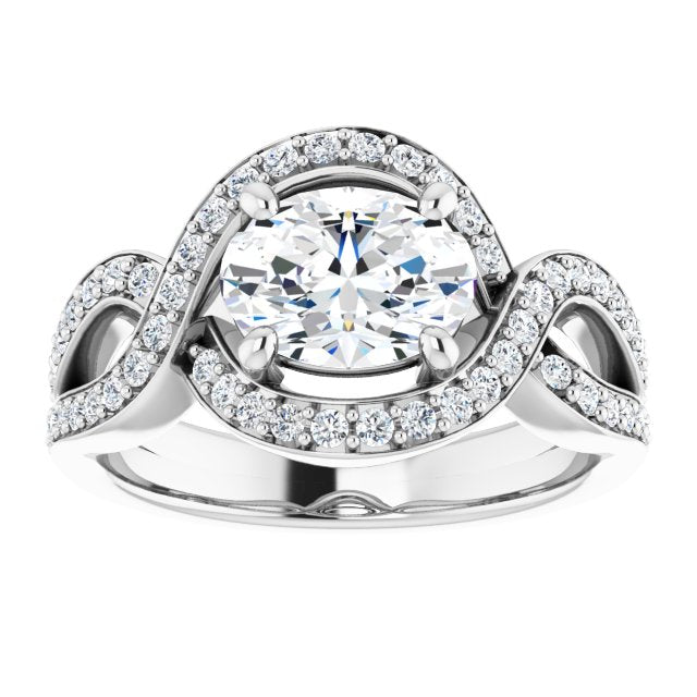 Cubic Zirconia Engagement Ring- The Effie (Customizable Oval Cut Center with Infinity-inspired Split Shared Prong Band and Bypass Halo)