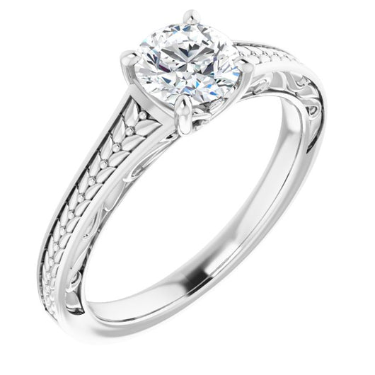 10K White Gold Customizable Round Cut Solitaire with Organic Textured Band and Decorative Prong Basket