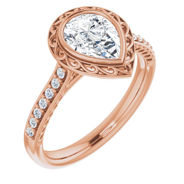 10K Rose Gold Customizable Cathedral-Bezel Pear Cut Design featuring Accented Band with Filigree Inlay