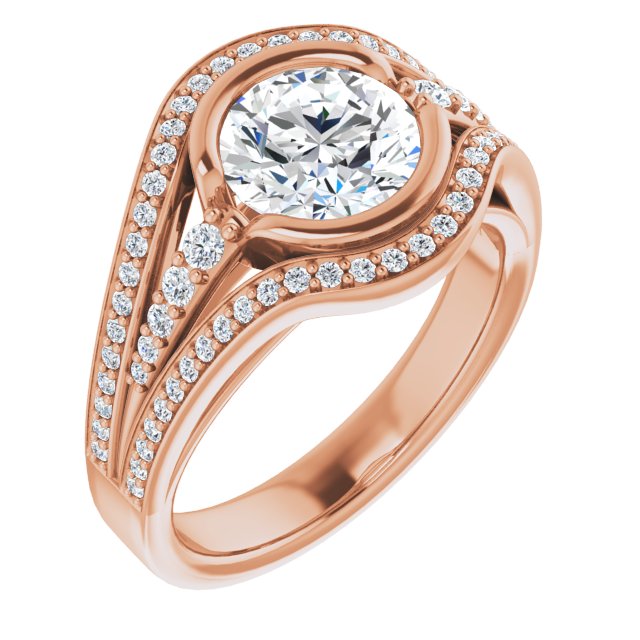 10K Rose Gold Customizable Cathedral-Bezel Round Cut Design with Wide Triple-Split-Pavé Band