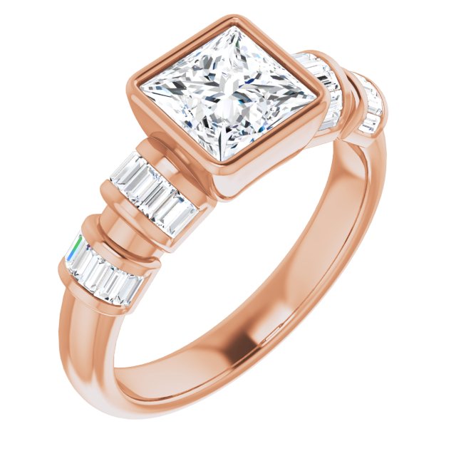 10K Rose Gold Customizable Bezel-set Princess/Square Cut Design with Quad Horizontal Band Sleeves of Baguette Accents
