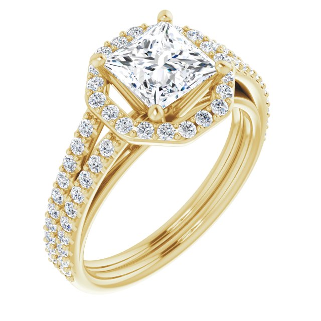 10K Yellow Gold Customizable Cathedral Princess/Square Cut Design with Geometric Halo & Split Pavé Band