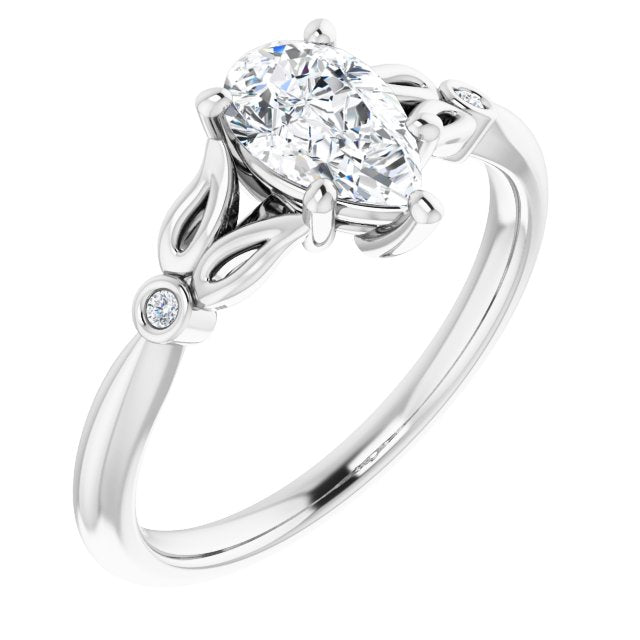 10K White Gold Customizable 3-stone Pear Cut Design with Thin Band and Twin Round Bezel Side Stones