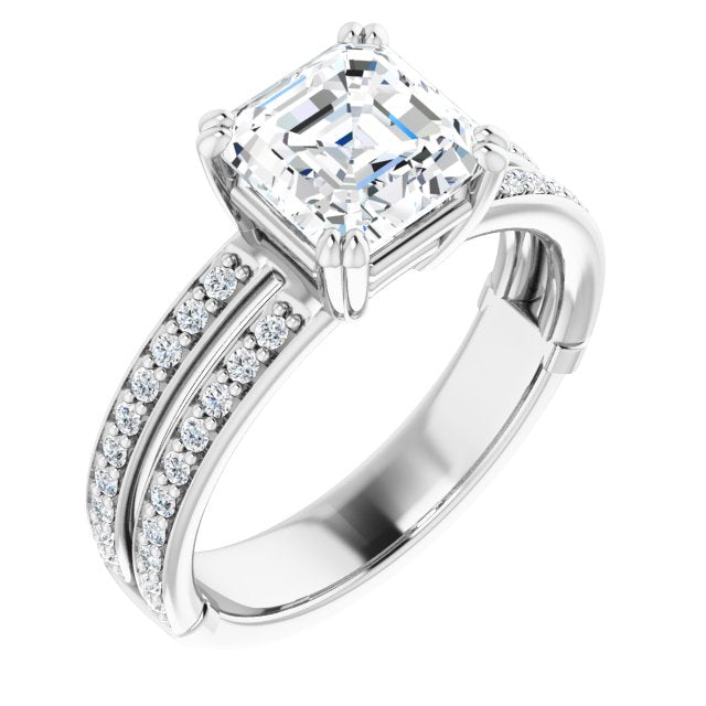 14K White Gold Customizable Asscher Cut Design featuring Split Band with Accents