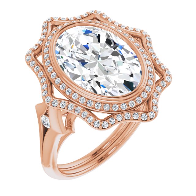 10K Rose Gold Customizable Cathedral-bezel Oval Cut Design with Floral Double Halo and Channel-Accented Split Band