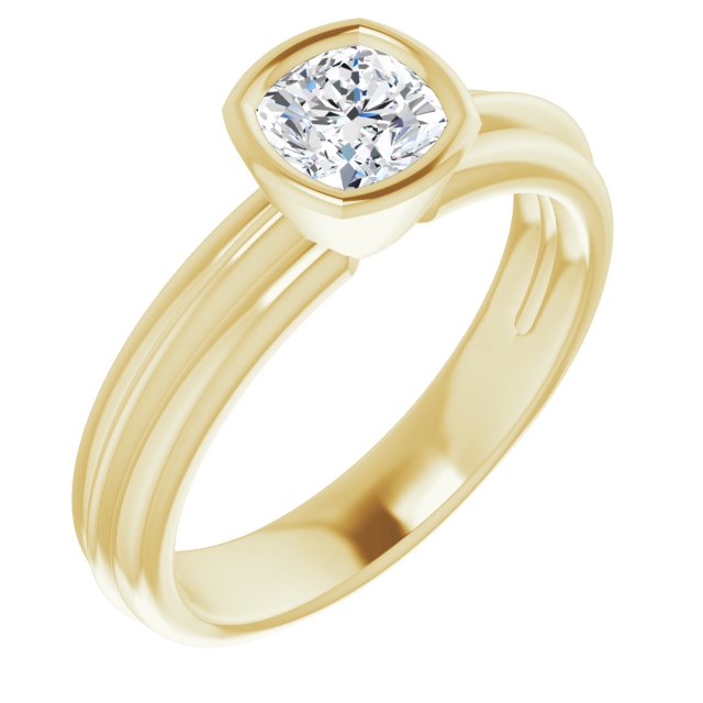 10K Yellow Gold Customizable Bezel-set Cushion Cut Solitaire with Grooved Band