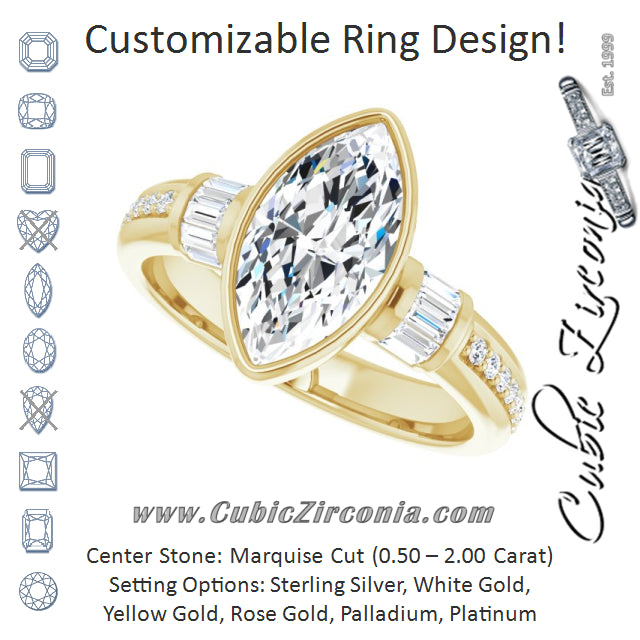 Cubic Zirconia Engagement Ring- The Danna (Customizable Cathedral-Bezel Marquise Cut Style with Horizontal Baguettes & Shared Prong Band)