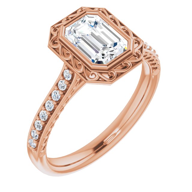 10K Rose Gold Customizable Cathedral-Bezel Emerald/Radiant Cut Design featuring Accented Band with Filigree Inlay