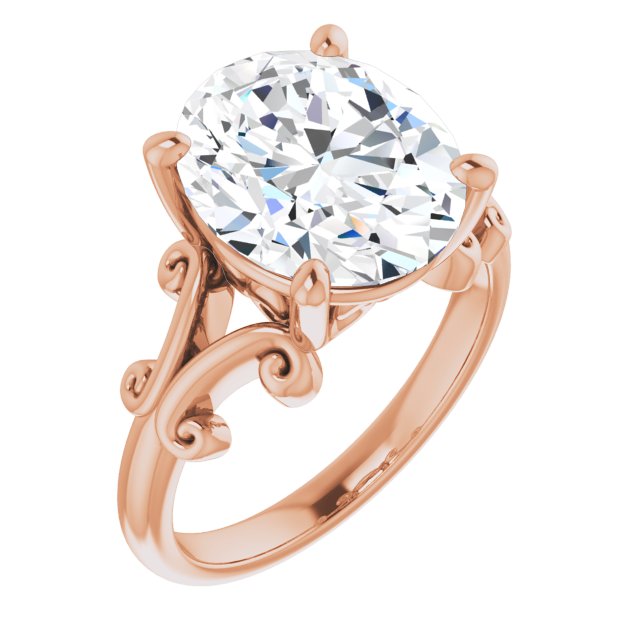 10K Rose Gold Customizable Oval Cut Solitaire with Band Flourish and Decorative Trellis