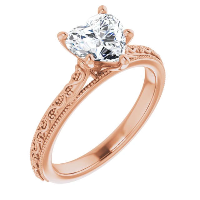 10K Rose Gold Customizable Heart Cut Solitaire with Delicate Milgrain Filigree Band