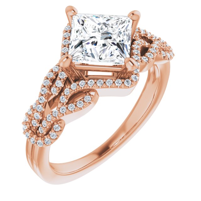 10K Rose Gold Customizable Princess/Square Cut Design with Intricate Over-Under-Around Pavé Accented Band