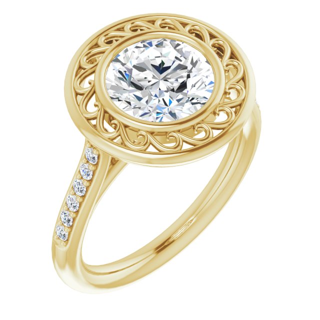 14K Yellow Gold Customizable Cathedral-Bezel Round Cut Design with Floral Filigree and Thin Shared Prong Band
