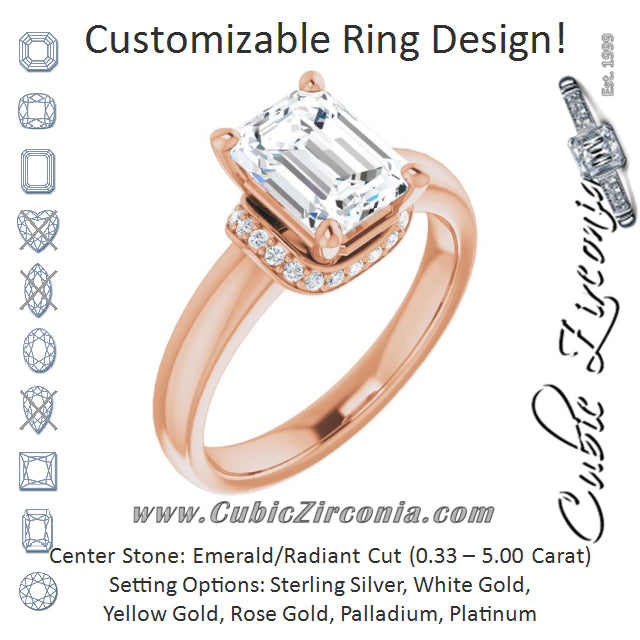Cubic Zirconia Engagement Ring- The Jennifer Elena (Customizable Emerald Cut Style featuring Saddle-shaped Under Halo)