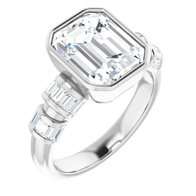 10K White Gold Customizable Bezel-set Emerald/Radiant Cut Design with Quad Horizontal Band Sleeves of Baguette Accents