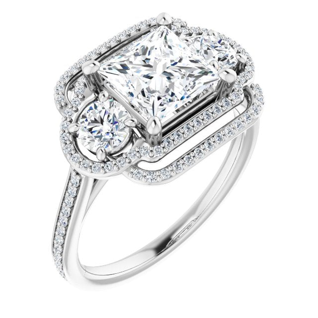 10K White Gold Customizable Enhanced 3-stone Double-Halo Style with Princess/Square Cut Center and Thin Band
