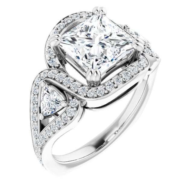 Cubic Zirconia Engagement Ring- The Ana Miranda (Customizable Princess/Square Cut Center with Twin Trillion Accents, Twisting Shared Prong Split Band, and Halo)