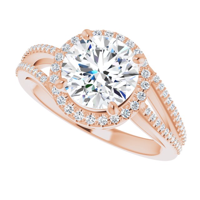 Cubic Zirconia Engagement Ring- The Claudette (Customizable Round Cut Vintage Design with Halo Style and Asymmetrical Split-Pavé Band)