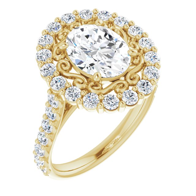 10K Yellow Gold Customizable Oval Cut Cathedral Style with Oversized Halo