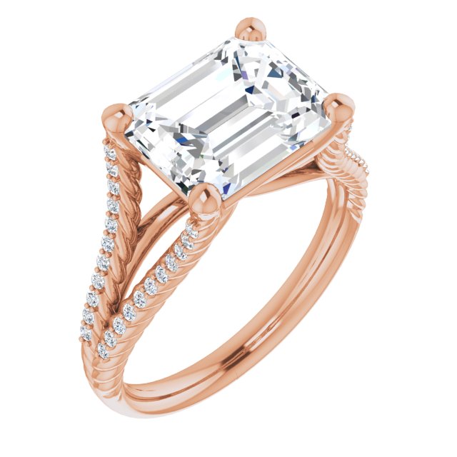 10K Rose Gold Customizable Emerald/Radiant Cut Style with Split Band and Rope-Pavé