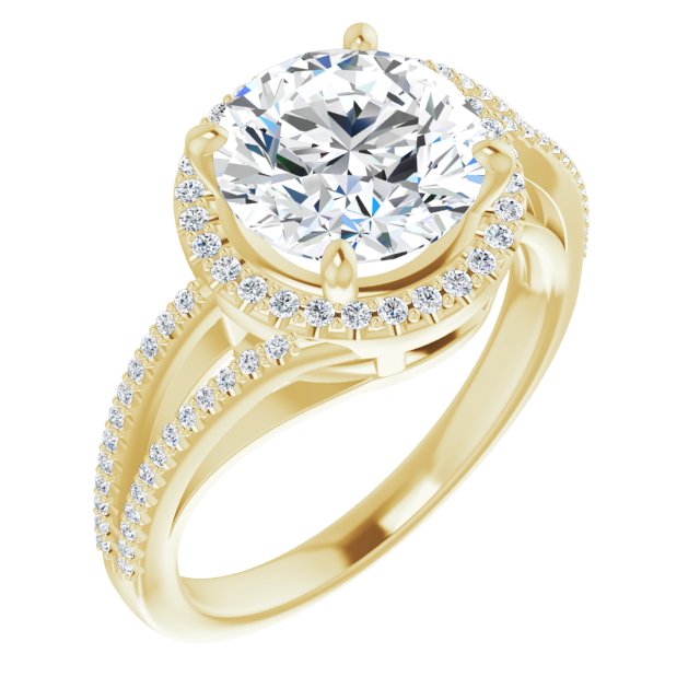 14K Yellow Gold Customizable Round Cut Vintage Design with Halo Style and Asymmetrical Split-Pavé Band