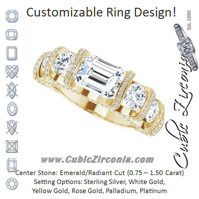 Cubic Zirconia Engagement Ring- The Nairobi (Customizable Bar-set Emerald Cut 5-stone Design Plus Grandiose Pavé Accents)
