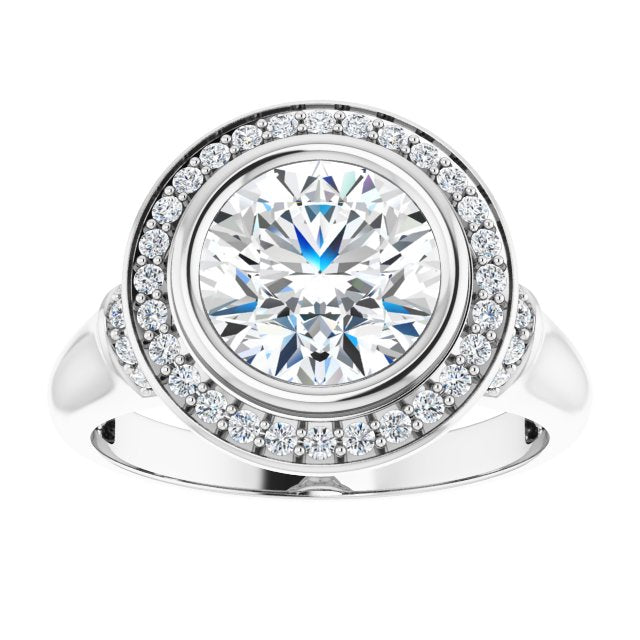 Cubic Zirconia Engagement Ring- The Vilde (Customizable Bezel-set Round Cut Design with Halo and Vertical Round Channel Accents)