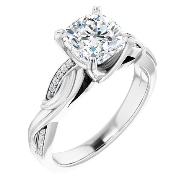 Cubic Zirconia Engagement Ring- The Fabiola (Customizable Cathedral-raised Cushion Cut Design featuring Rope-Braided Half-Pavé Band)
