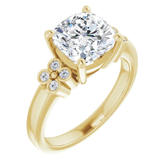10K Yellow Gold Customizable 9-stone Design with Cushion Cut Center and Complementary Quad Bezel-Accent Sets
