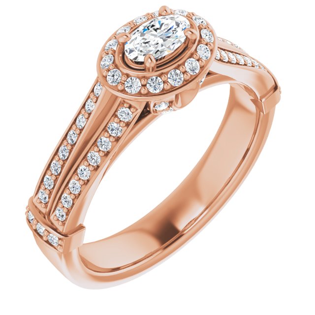 10K Rose Gold Customizable Oval Cut Setting with Halo, Under-Halo Trellis Accents and Accented Split Band