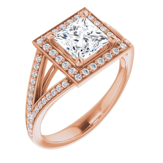 10K Rose Gold Customizable Cathedral-Halo Princess/Square Cut Style featuring Split-Shared Prong Band