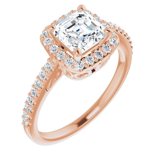 10K Rose Gold Customizable Cathedral-Crown Asscher Cut Design with Halo and Accented Band