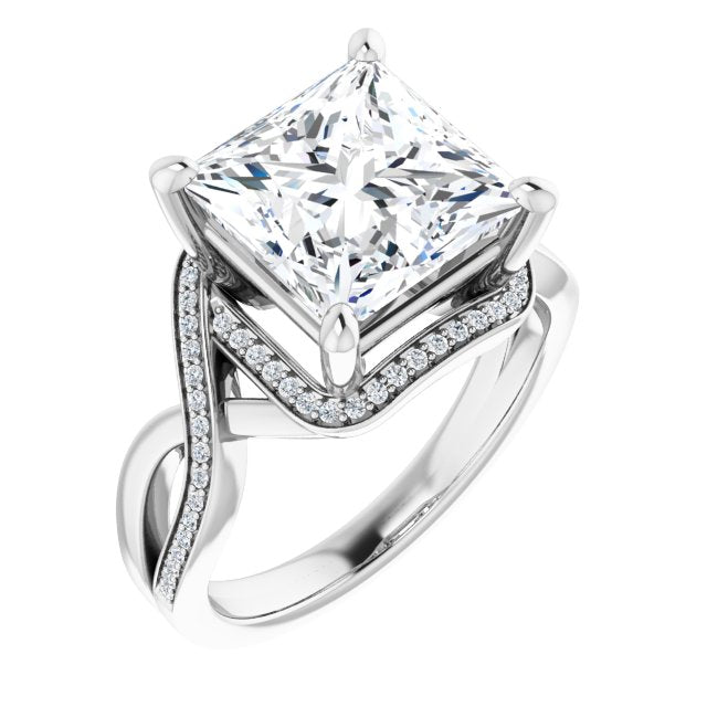 10K White Gold Customizable Bypass-Halo-Accented Princess/Square Cut Center with Twisting Split Shared Prong Band
