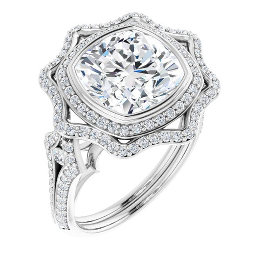 10K White Gold Customizable Cushion Cut Style with Ultra-wide Pavé Split-Band and Nature-Inspired Double Halo