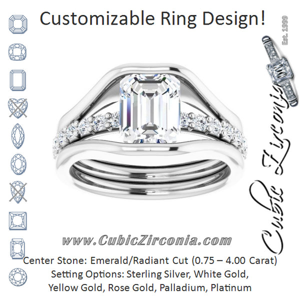 Cubic Zirconia Engagement Ring- The Hillary (Customizable Bezel-set Emerald Cut Style with Thick Pavé Band)