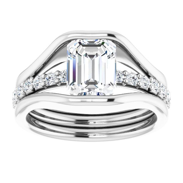 Cubic Zirconia Engagement Ring- The Hillary (Customizable Bezel-set Emerald Cut Style with Thick Pavé Band)