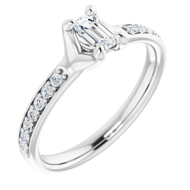 10K White Gold Customizable Heavy Prong-Set Emerald/Radiant Cut Style with Round Cut Band Accents