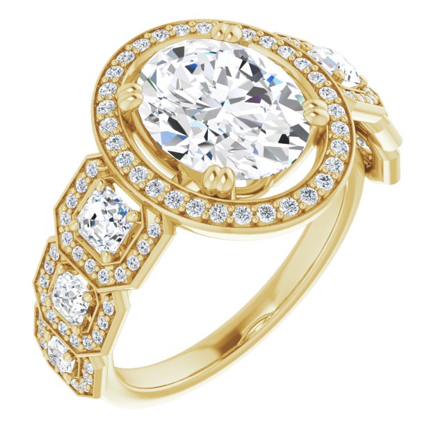 10K Yellow Gold Customizable Cathedral-Halo Oval Cut Design with Six Halo-surrounded Asscher Cut Accents and Ultra-wide Band