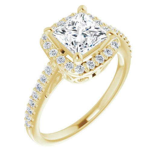10K Yellow Gold Customizable Cathedral-Crown Princess/Square Cut Design with Halo and Accented Band