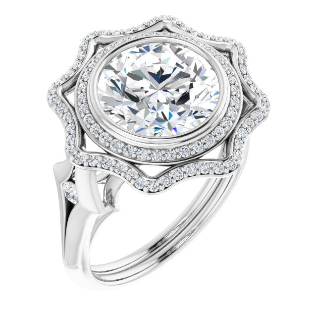 18K White Gold Customizable Cathedral-bezel Round Cut Design with Floral Double Halo and Channel-Accented Split Band
