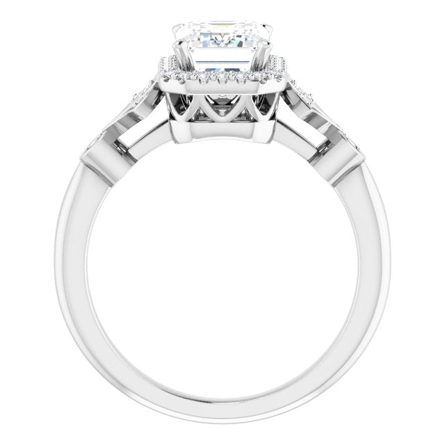 Cubic Zirconia Engagement Ring- The Zhee (Customizable Cathedral-Crown Emerald Cut Design with Halo and Scalloped Side Stones)