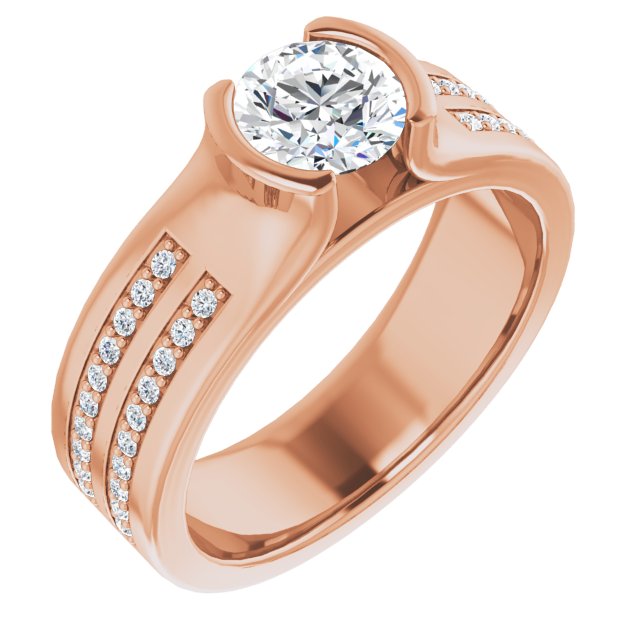 10K Rose Gold Customizable Bezel-set Round Cut Design with Thick Band featuring Double-Row Shared Prong Accents