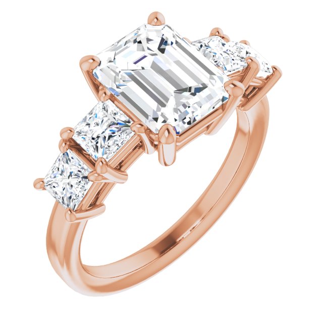 10K Rose Gold Customizable 5-stone Emerald/Radiant Cut Style with Quad Princess-Cut Accents