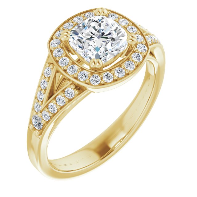 10K Yellow Gold Customizable Cathedral-set Cushion Cut Style with Accented Split Band and Halo